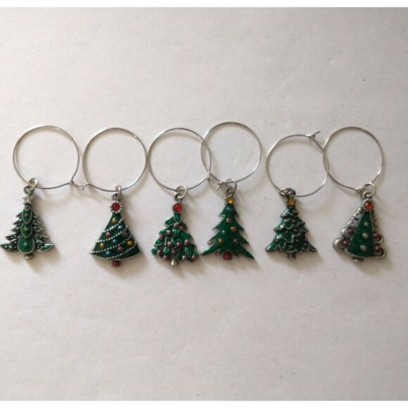 Christmas Tree Wine Glass Markers Charms Set Of 6 Rhinestones Enameled Metal.  - Picture 13 of 14